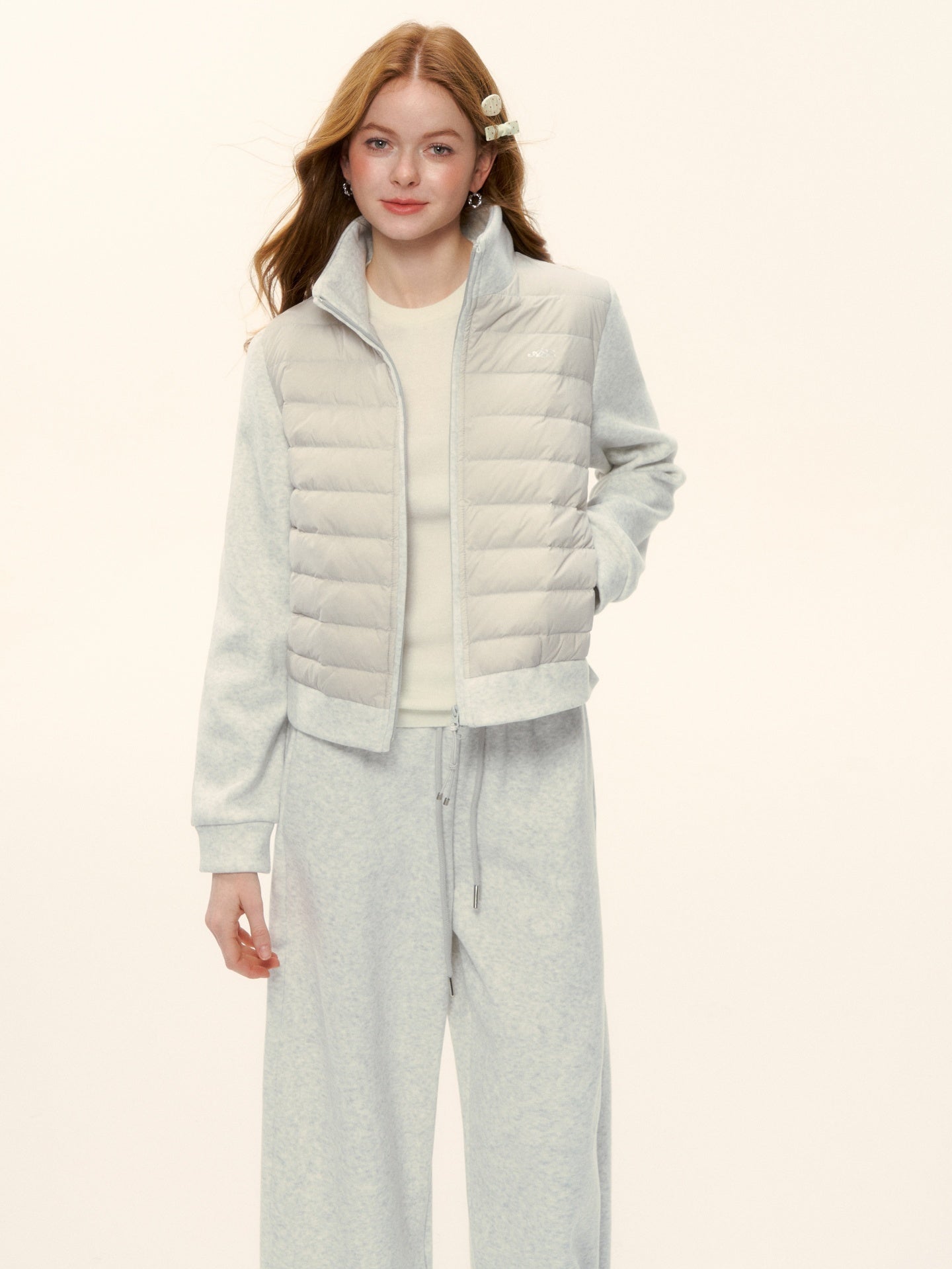 AsGony ASG25611&amp;ASG25584 Splicing stand up collar pork rib down jacket + pants