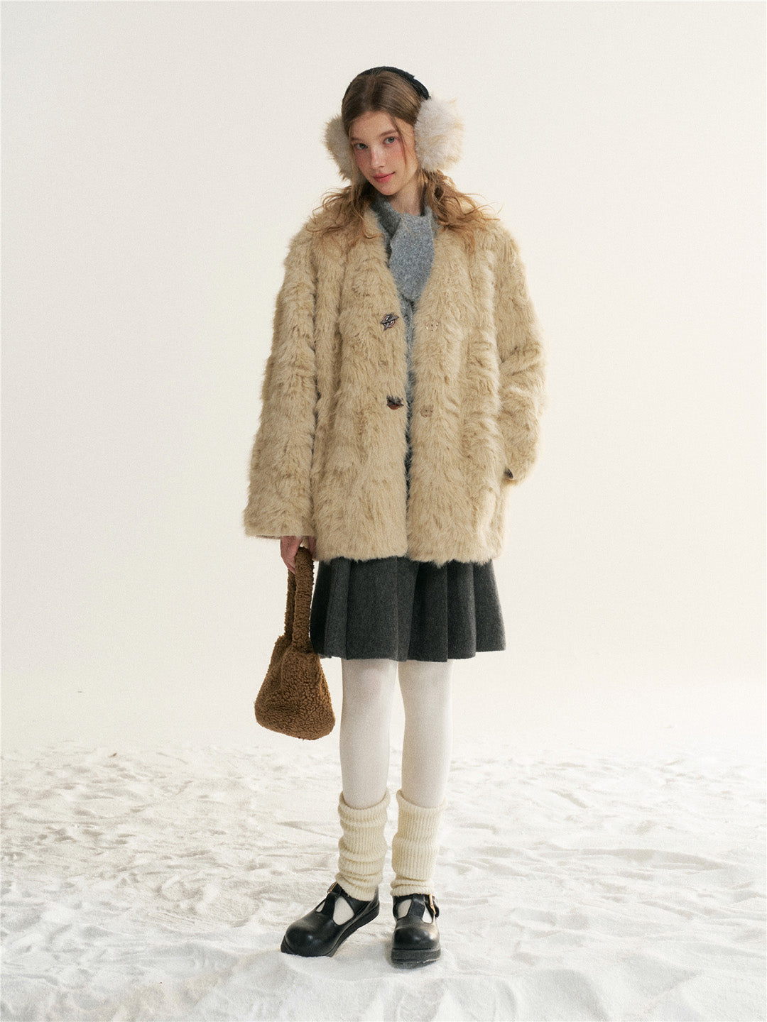 16DEWS 16D25522 Imitation fur one-piece single breasted V-neck jacket