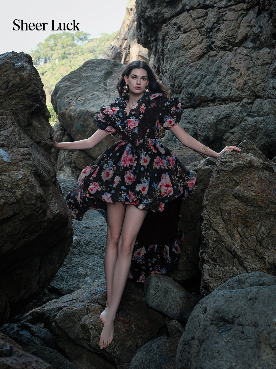 SHEERLUCK SLLYQ26108 Vacation style puffy sleeve trailing dress