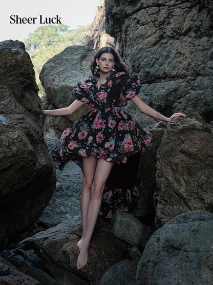 SHEERLUCK SLLYQ26108 Vacation style puffy sleeve trailing dress