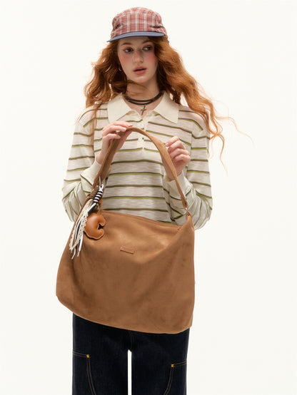 AsGony ASG25391 Striped lapel hem drawstring polo knit base top