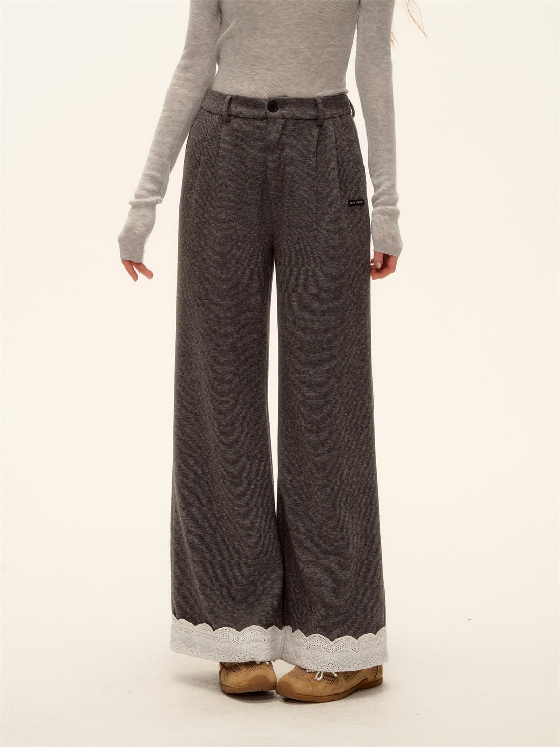 AsGony ASG25473 Embroidered lace straight leg wool casual pants