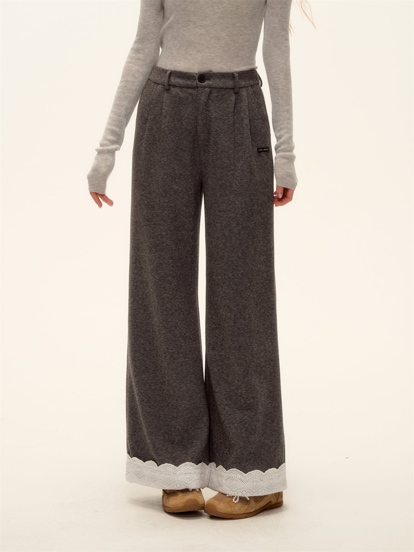 AsGony ASG25473 Embroidered lace straight leg wool casual pants