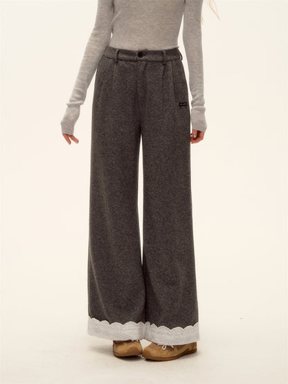 AsGony ASG25473 Embroidered lace straight leg wool casual pants