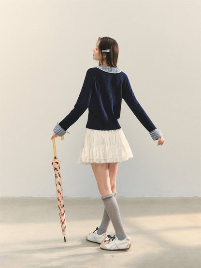 AsGony ASG25317 Grid splicing knitted sweater