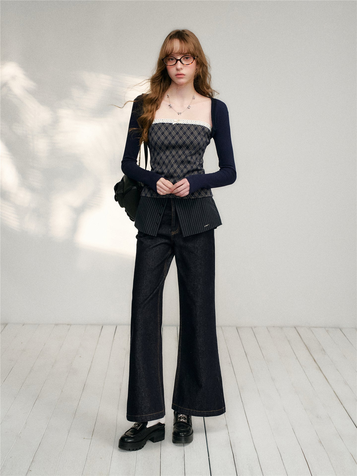 16DEWS in stock 16D26133 Lace plaid patchwork camisole top