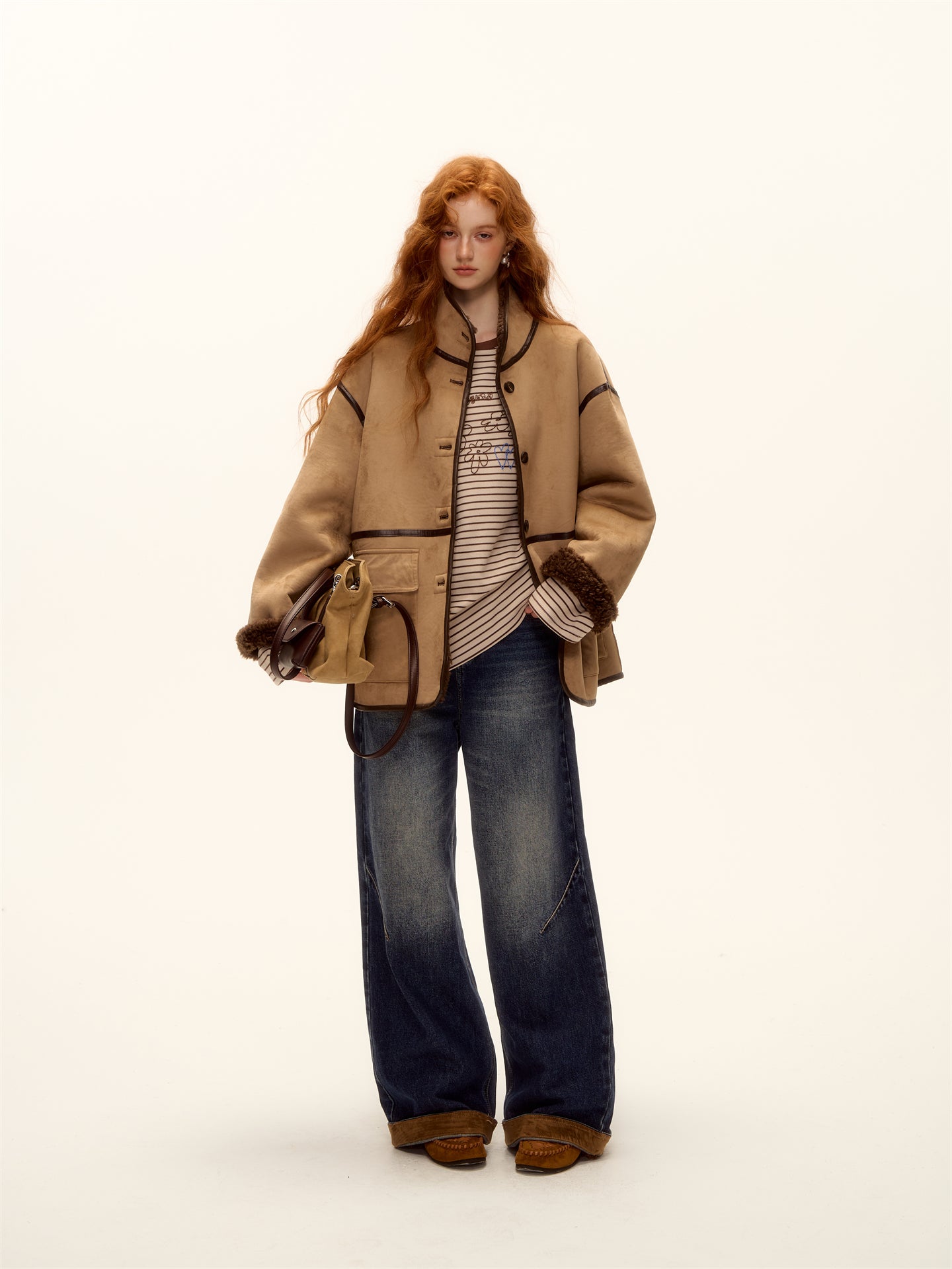 AsGony ASG25469 Double sided fur integrated suede lamb coat