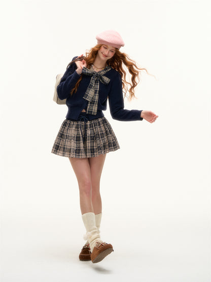 AsGony ASG25410 Plaid bow round neck knitted cardigan
