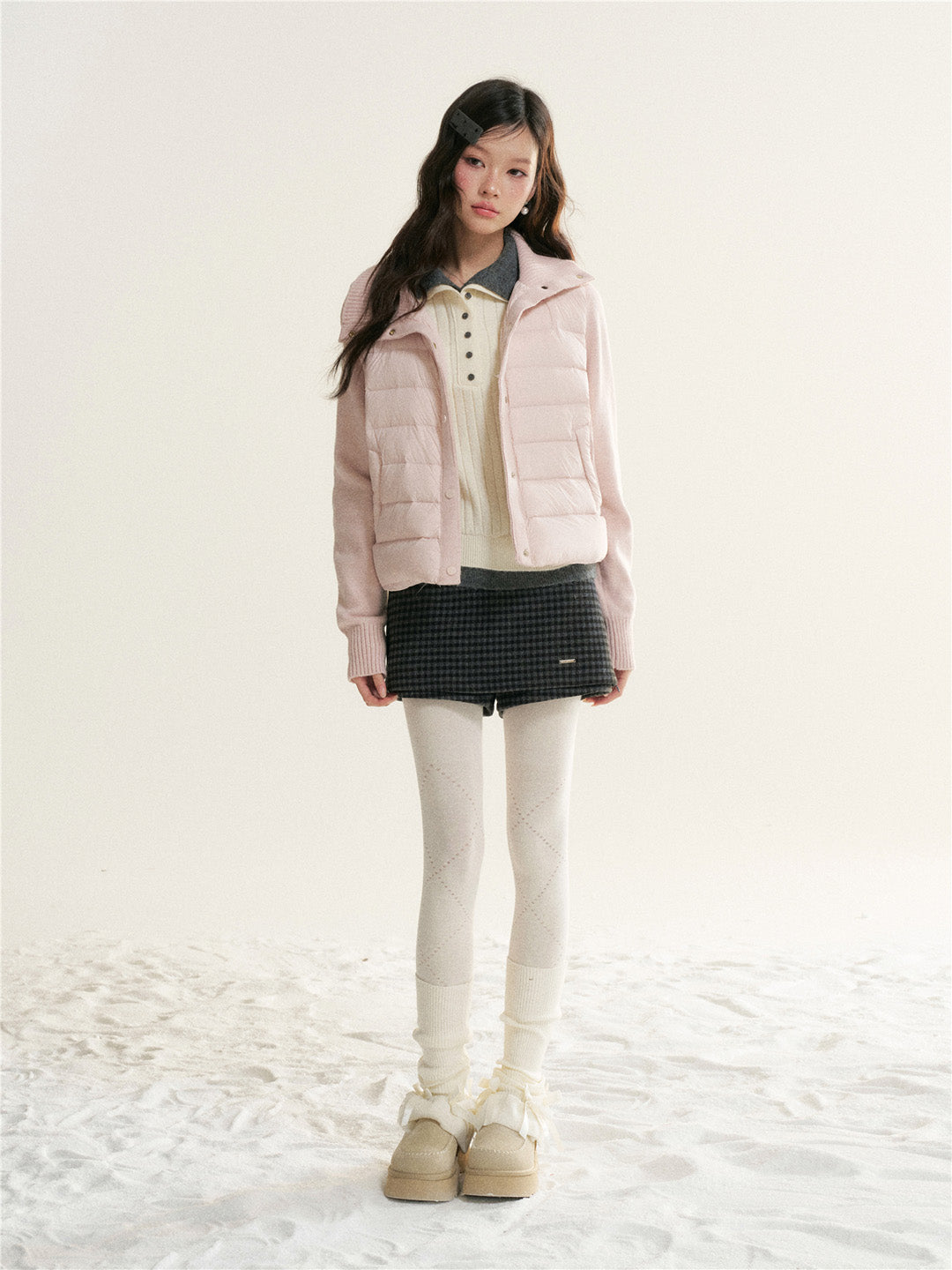 16DEWS 16D25512 Sweater spliced knit stand up collar down jacket