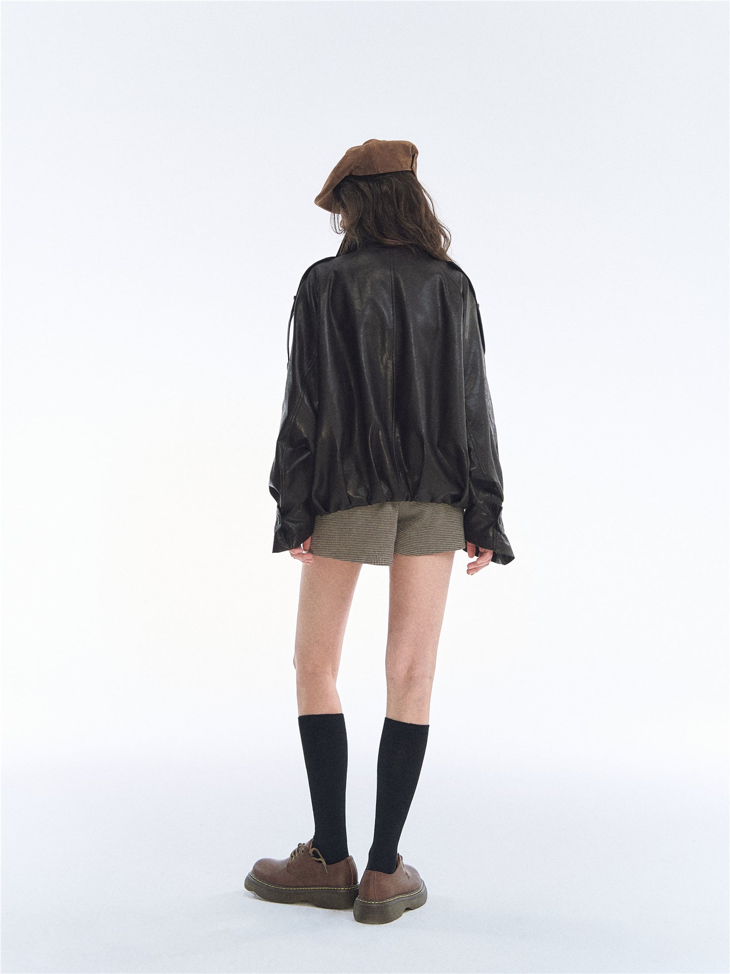 Asgony ASG26542 Oversized Collar Double-Breasted Leather Jacket