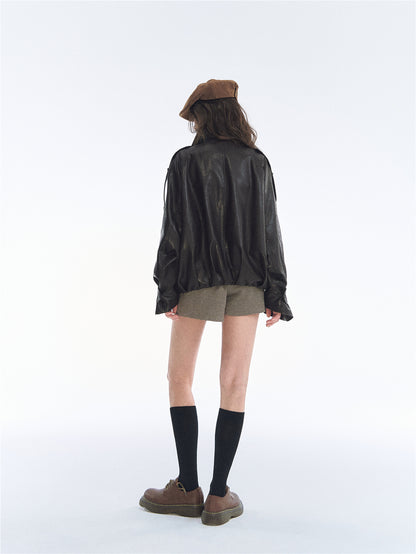 Asgony ASG26542 Oversized Collar Double-Breasted Leather Jacket