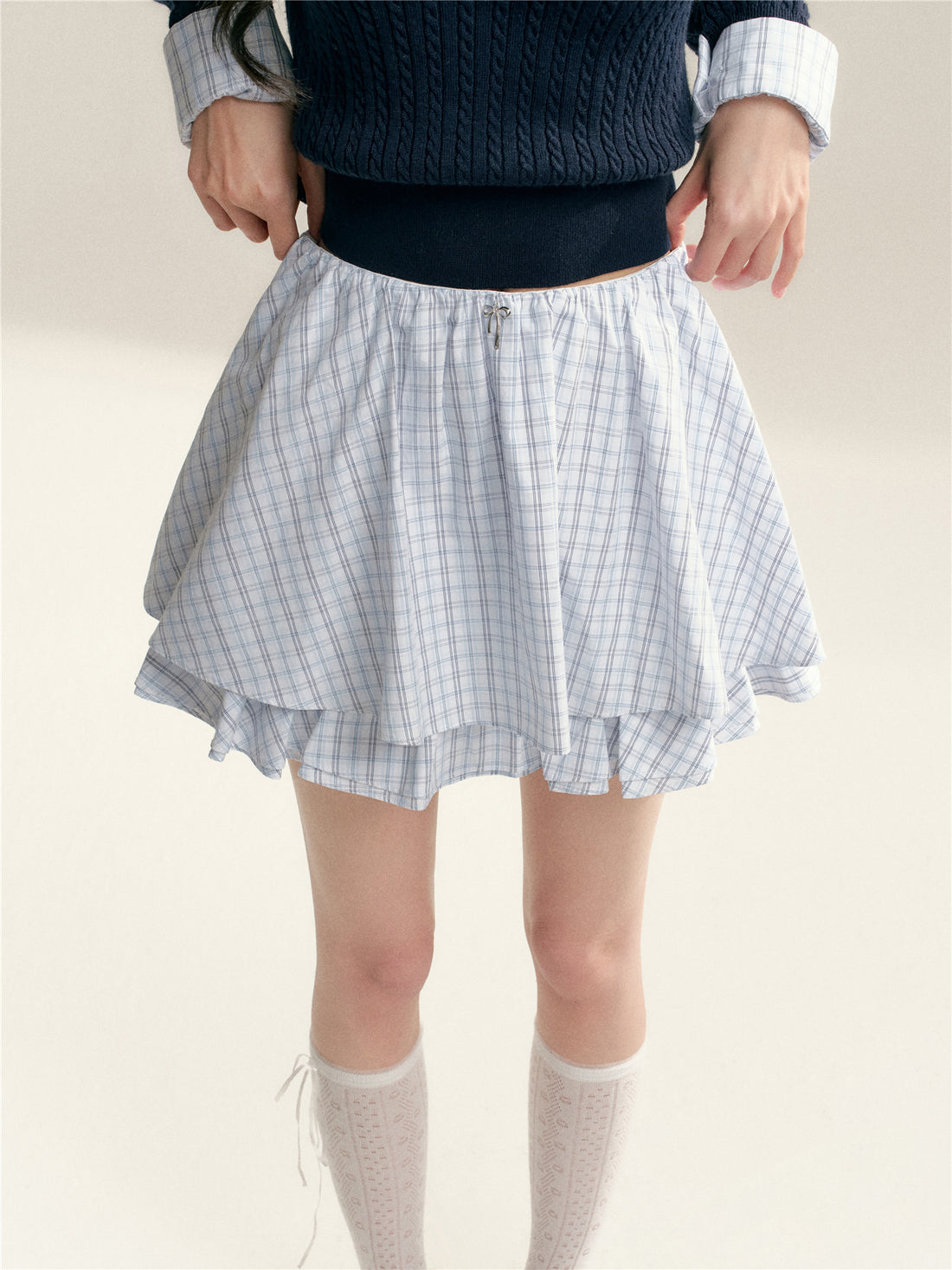 16DEWS 16D26010 Blue plaid waistless A-line puffy skirt