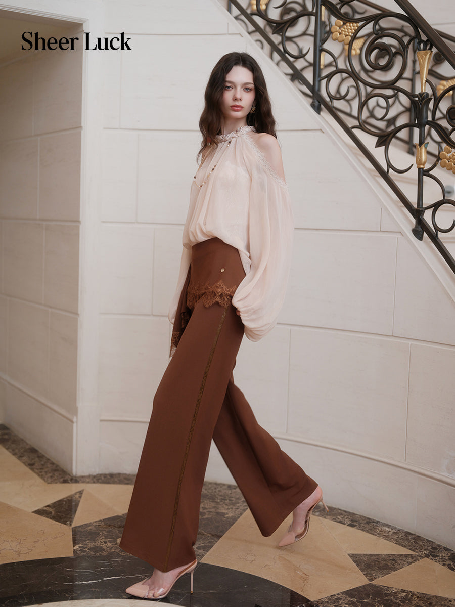 SHEERLUCK SLKZ26722 Dune Lace-Panel Tailored Trousers-Mocha Brown