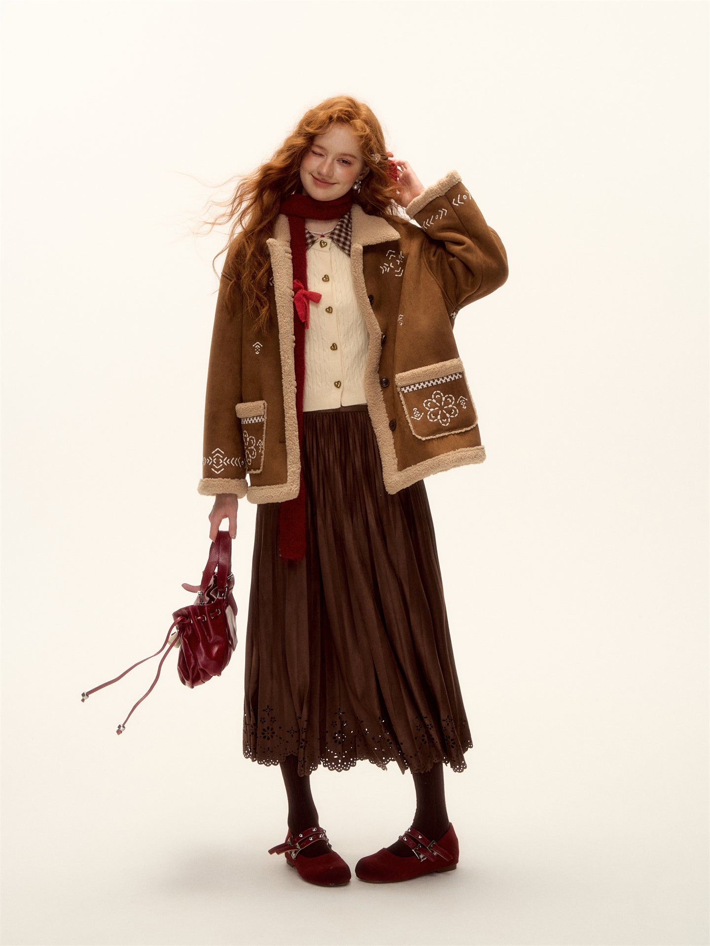 AsGony ASG25457 Embroidered fur lamb coat