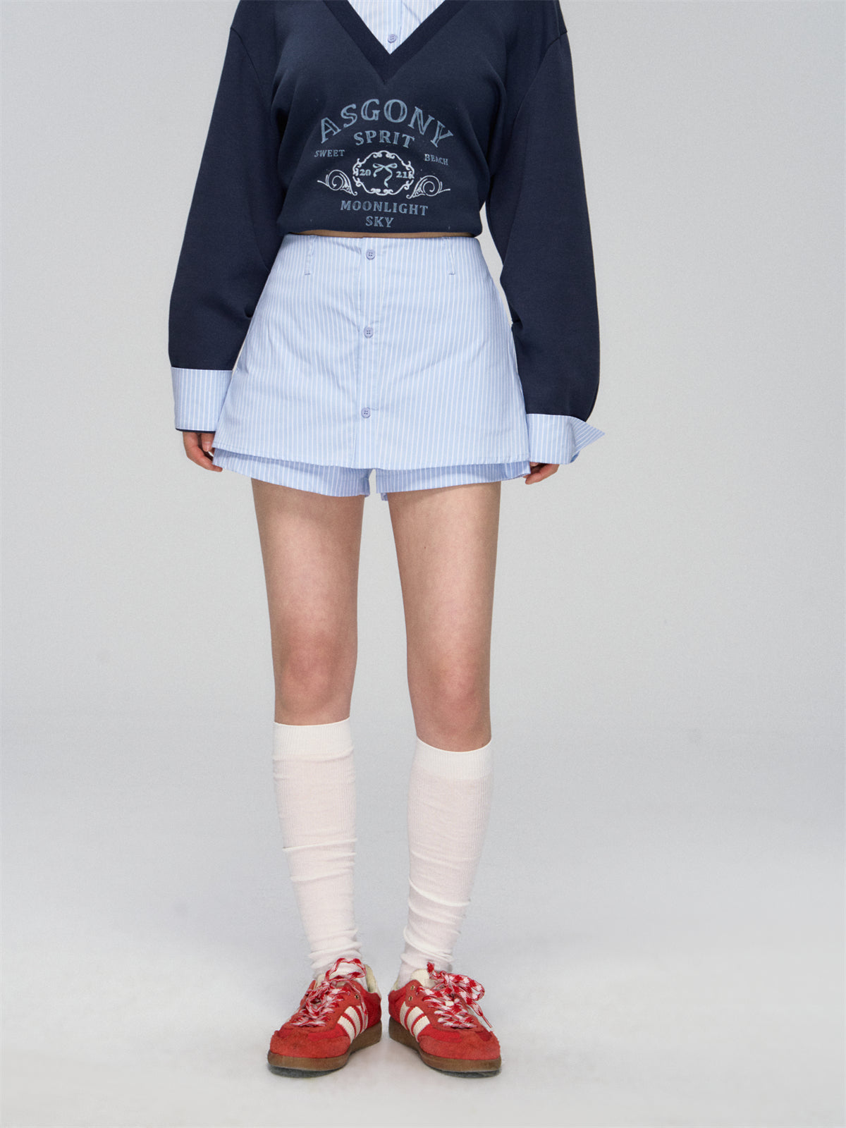 AsGony ASG25020&amp;ASG25021 V-neck patchwork shirt sweatshirt + pants skirt set
