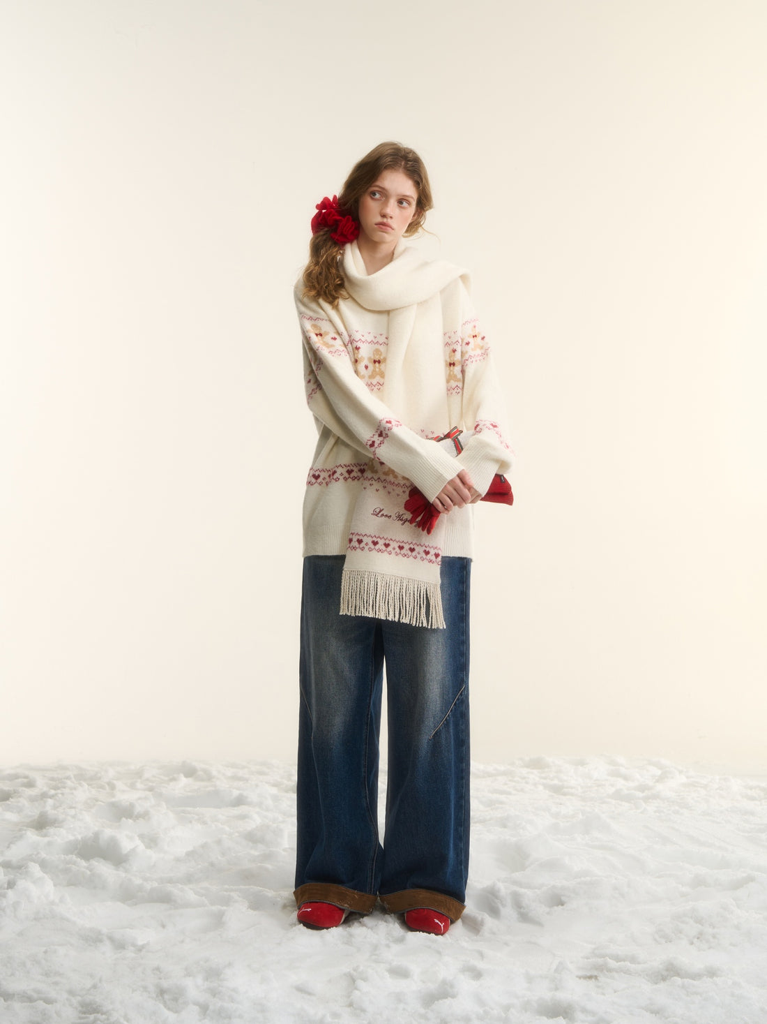 AsGony ASG25544 Fair Isle jacquard sweater and scarf set