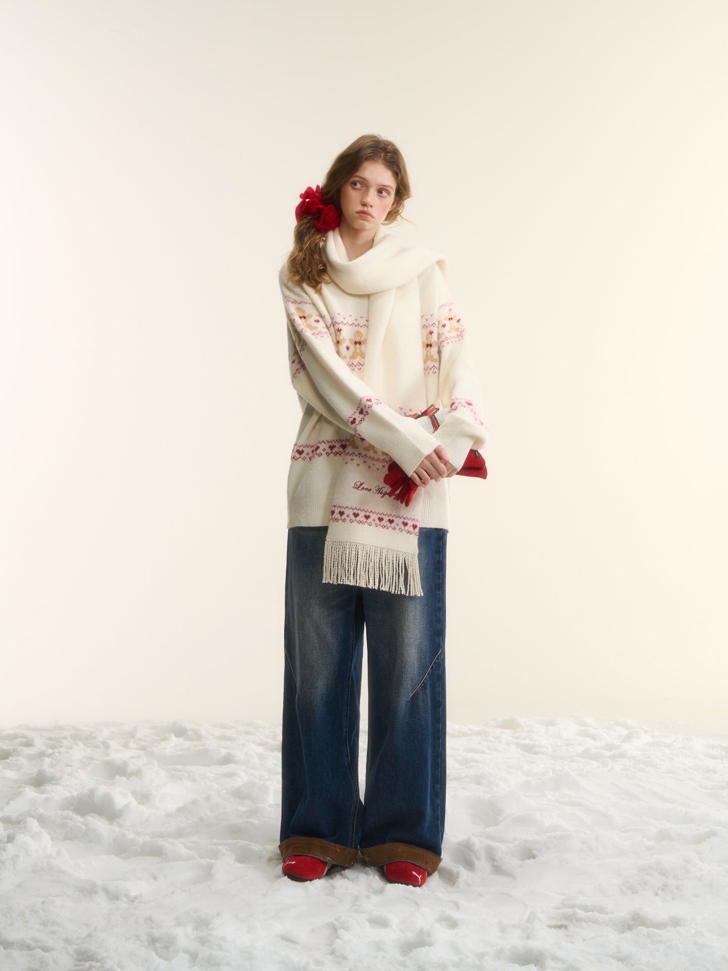 AsGony ASG25544 Fair Isle jacquard sweater and scarf set