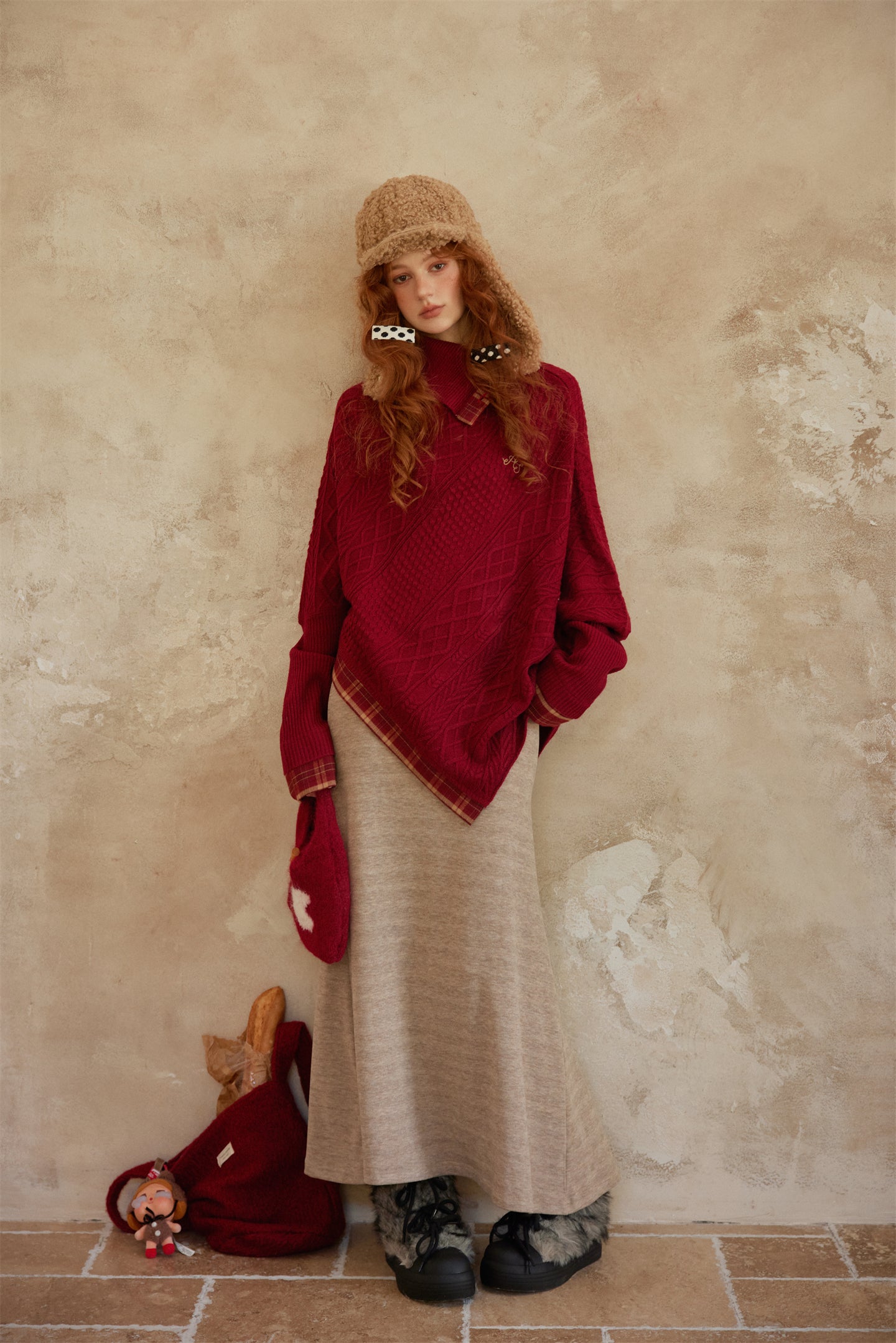 AsGony ASG25372 Collar plaid patchwork bat sleeve sweater