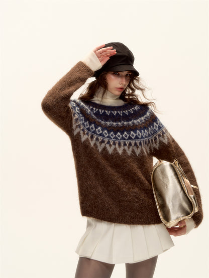 AsGony ASG25466 Round neck pullover Fel Island jacquard sweater