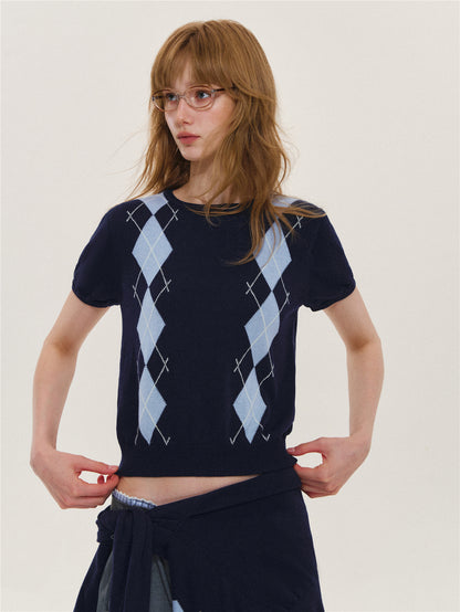 Asgony ASG26616 &amp; ASG26617 Wool Argyle Color-Block Knit Top Set