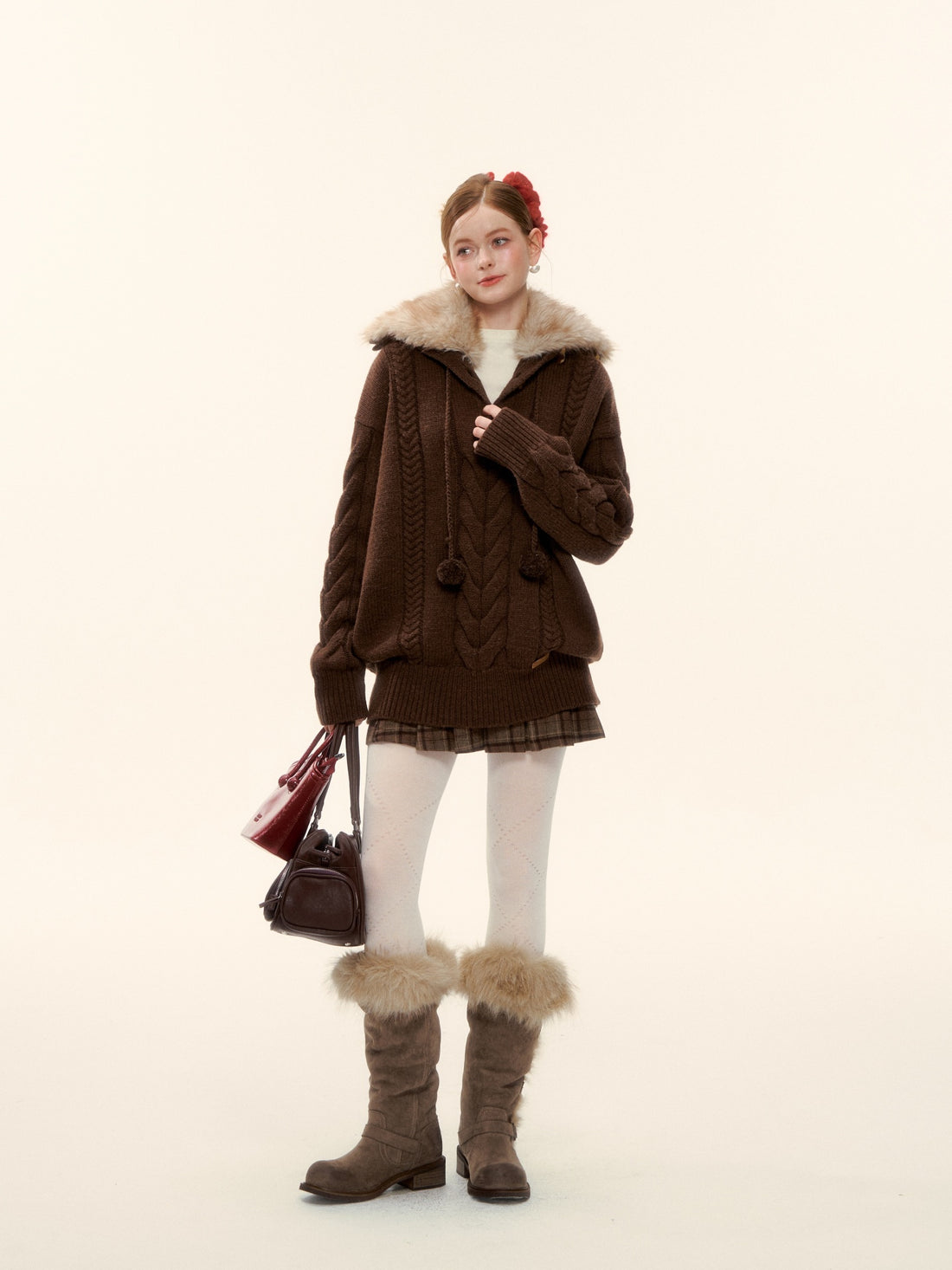 AsGony ASG25619 Detachable wool collar needle twisted pullover sweater