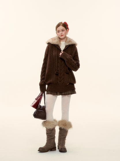 AsGony ASG25619 Detachable wool collar needle twisted pullover sweater