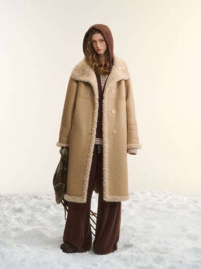 AsGony ASG25560 Two sided wool fur integrated mid length jacket
