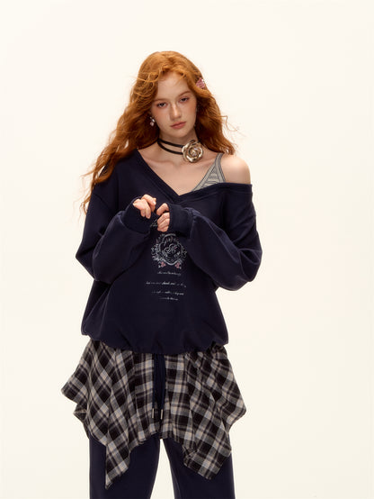 AsGony ASG25504&amp;ASG25505 Oversized striped patchwork printed sweatshirt + pants set