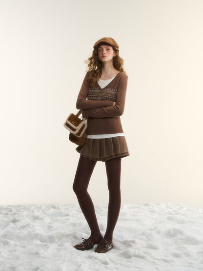 AsGony ASG25546 Fair Island Printed Fake Two Piece Top