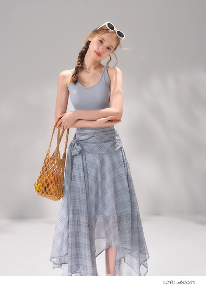 AsGony ASG26065&amp;ASG26066 Tie up plaid chiffon top + skirt