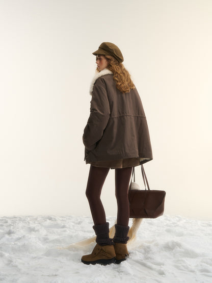 AsGony ASG25568 Sleeves pleated large lapel drawstring loose parka jacket