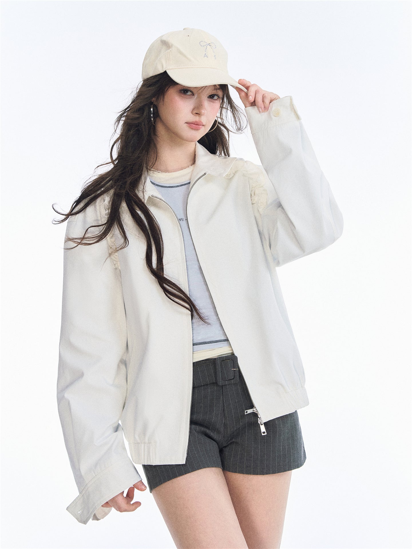 Asgony ASG26529 Ruffle-Edge Harrington Jacket