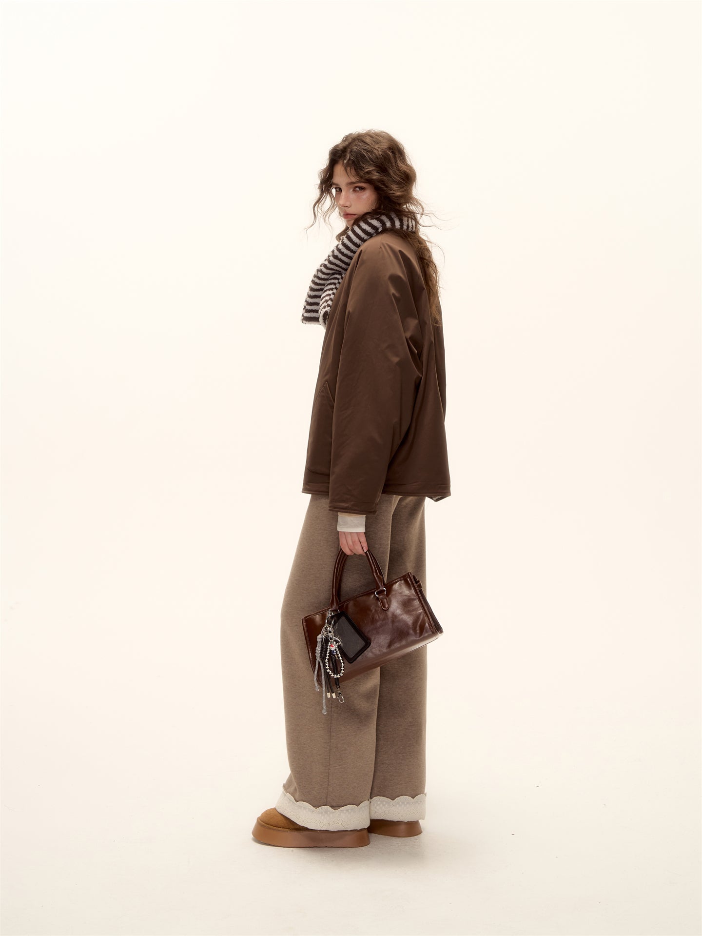 AsGony ASG25458 Double sided striped scarf lamb wool jacket