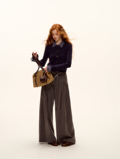 AsGony ASG25485 Wool plaid patchwork shirt collar twisted knit sweater