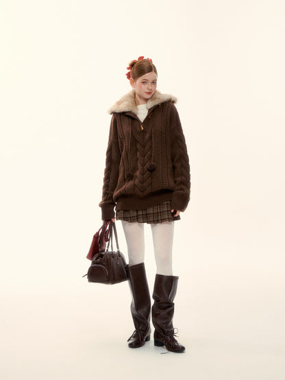 AsGony ASG25619 Detachable wool collar needle twisted pullover sweater