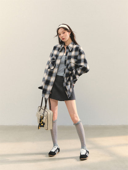 AsGony ASG25330 Navy blue checkered handmade pearl shirt