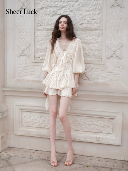 SHEERLUCK SLLYQ26702 Wing V-Neck Batwing Sleeve Dress-Creamy Apricot