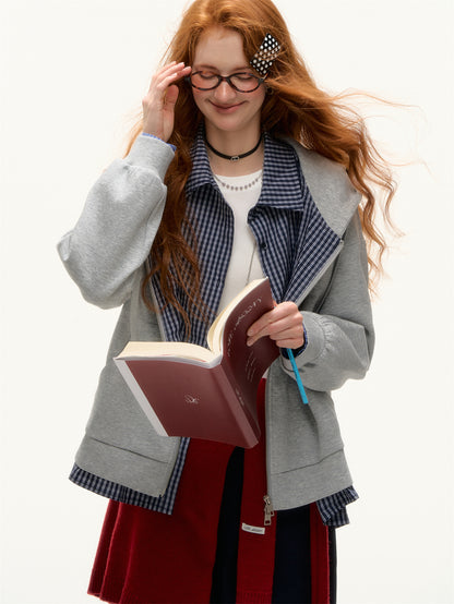 AsGony ASG25398 Fake two piece checkered patchwork hooded zipper hoodie