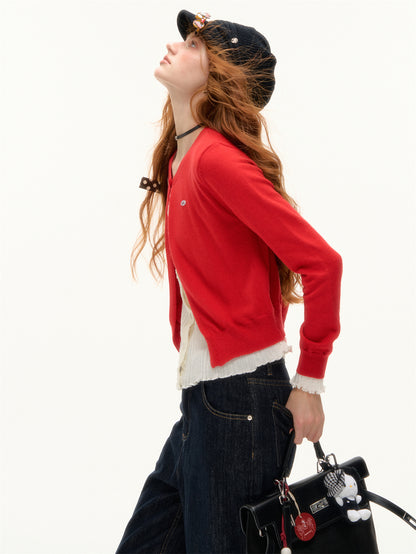 AsGony ASG25409 Color blocking fake two-piece spliced knitted cardigan