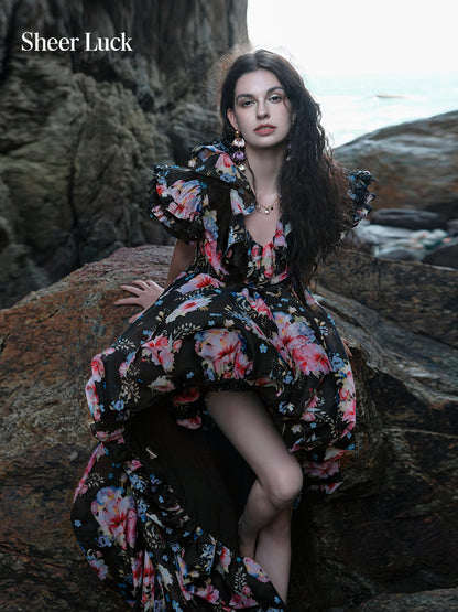 SHEERLUCK SLLYQ26108 Vacation style puffy sleeve trailing dress