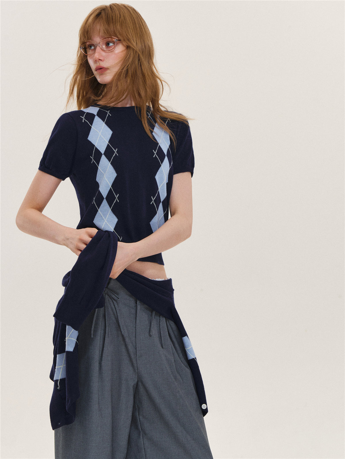Asgony ASG26616 &amp; ASG26617 Wool Argyle Color-Block Knit Top Set