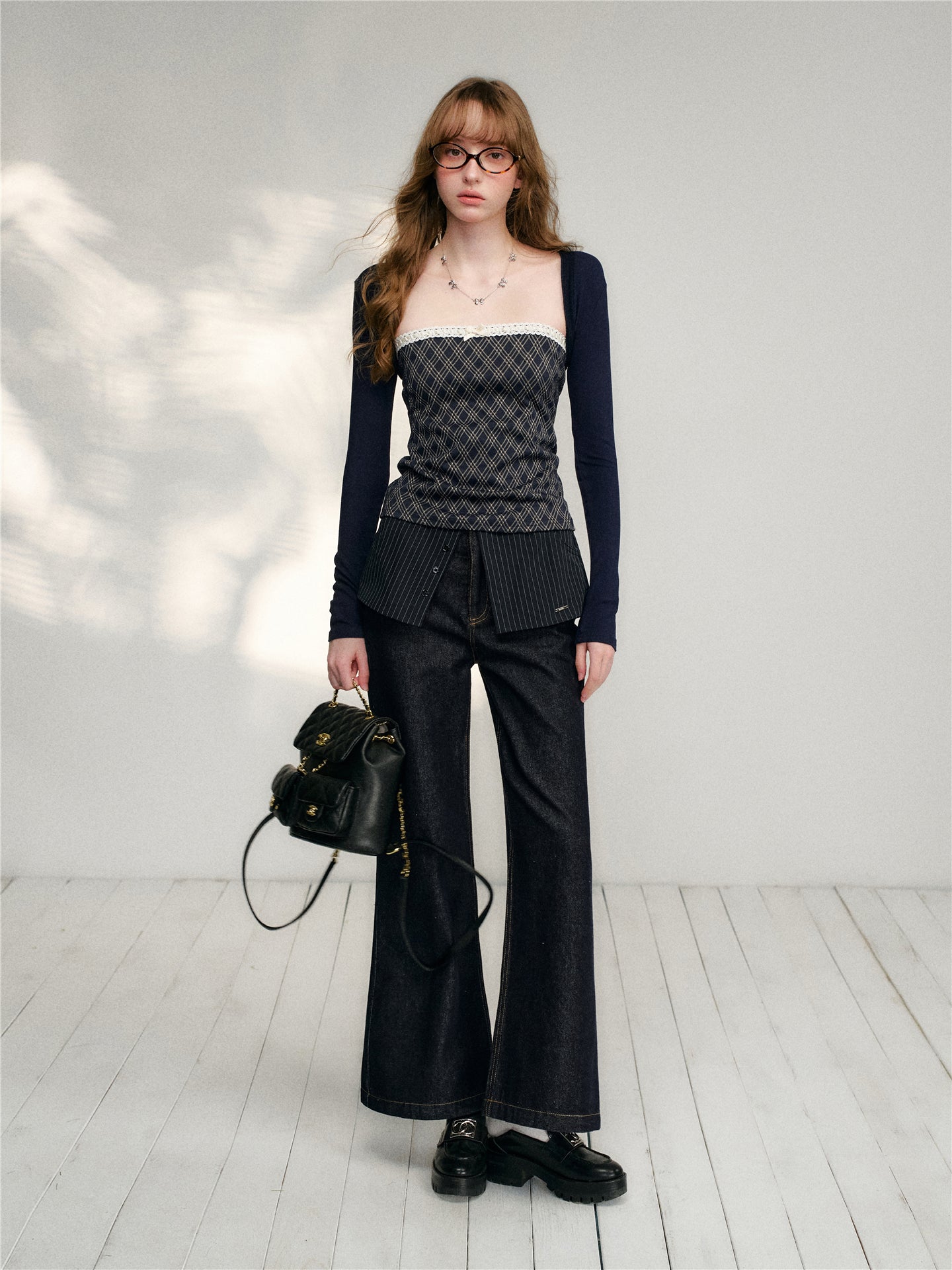 16DEWS in stock 16D26133 Lace plaid patchwork camisole top