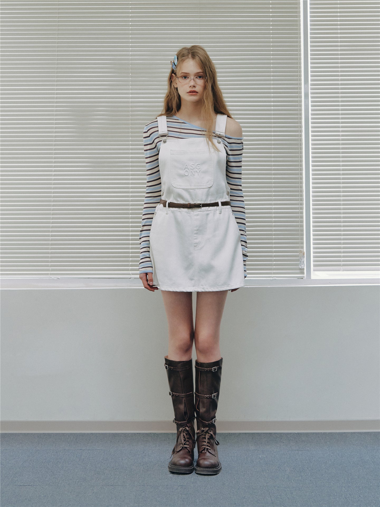 Asgony ASG26512 Embossed Detail Denim Overall Mini Skirt