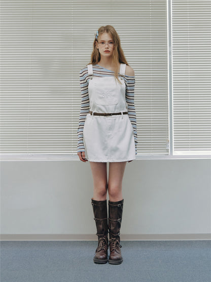 Asgony ASG26512 Embossed Detail Denim Overall Mini Skirt