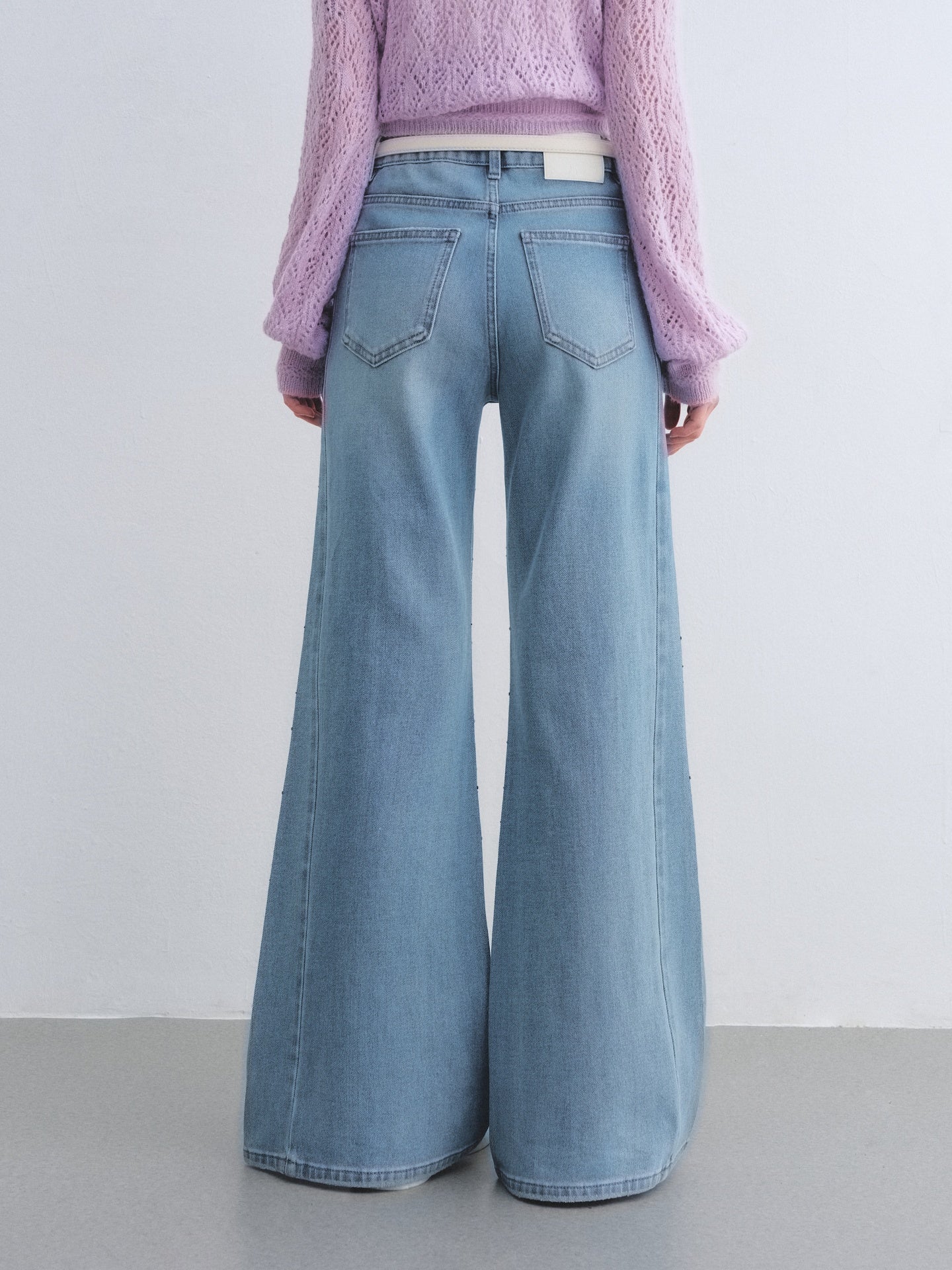 AsGony ASG26041 Washed rhinestone decorated micro flared jeans