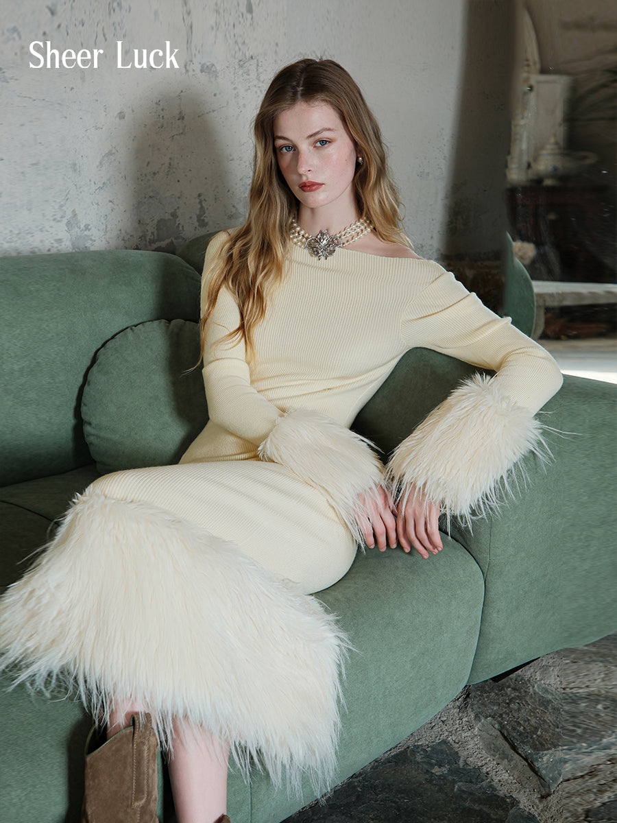 SHEERLUCK SLLYQ25506 Retro off shoulder knitted dress