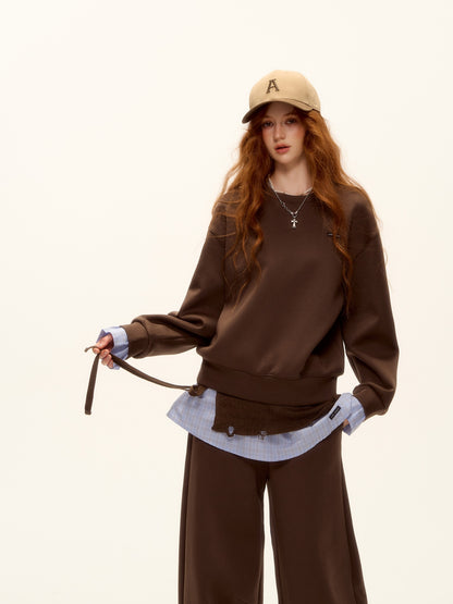 AsGony ASG25509&amp;ASG25510 Cuff plaid patchwork round neck pullover hoodie + pants set