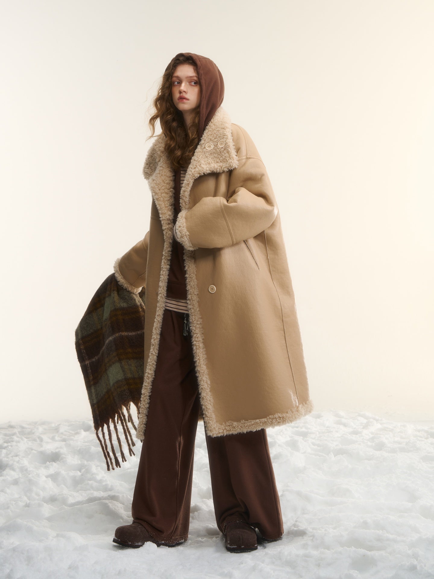 AsGony ASG25560 Two sided wool fur integrated mid length jacket