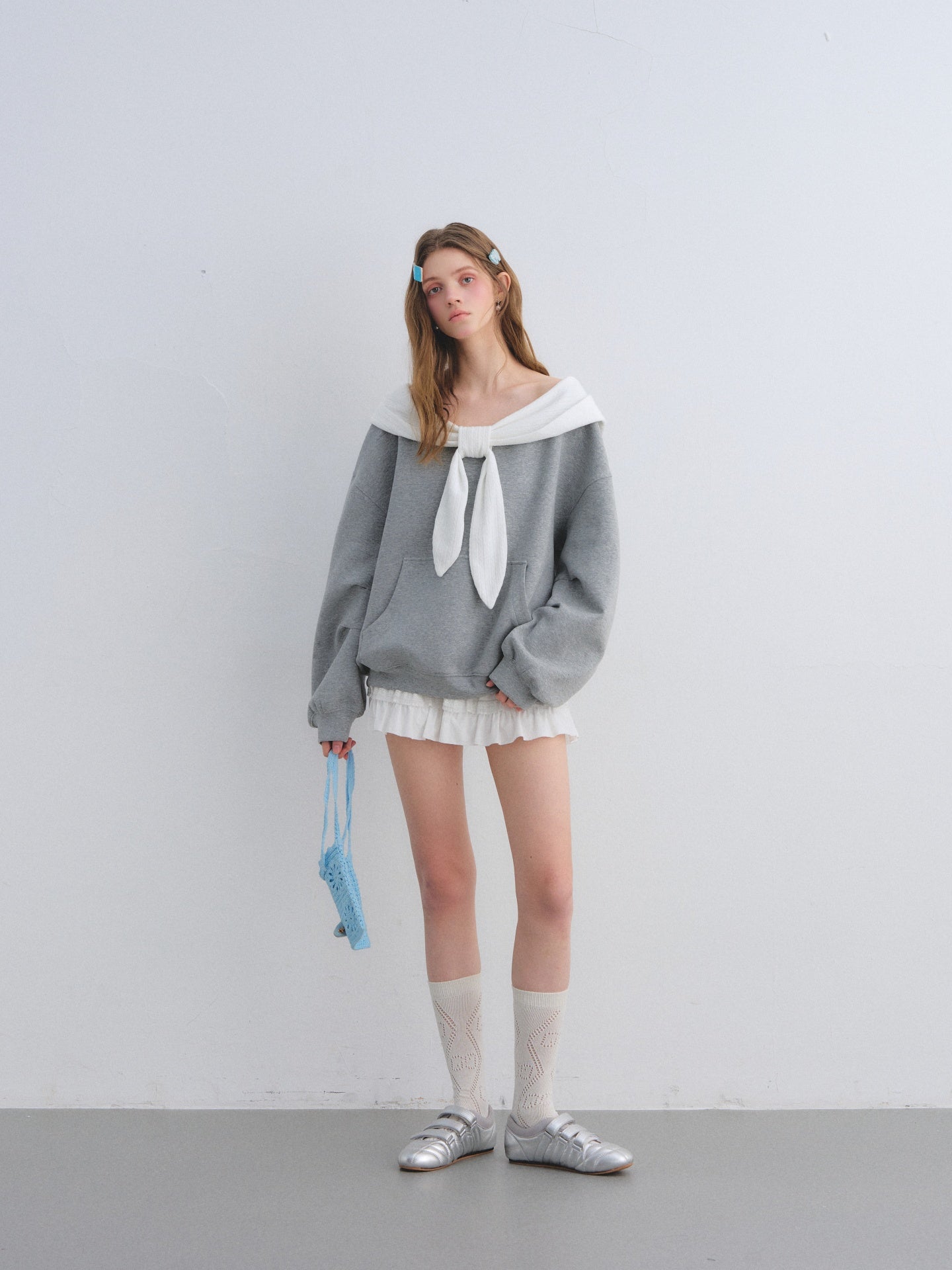 AsGony ASG25643 Rabbit ear one shoulder hooded sweatshirt