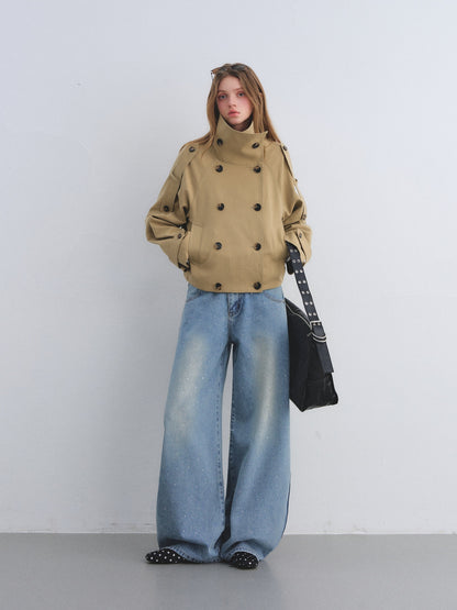 AsGony ASG25669 Big collar flower bud cocoon shaped double breasted jacket